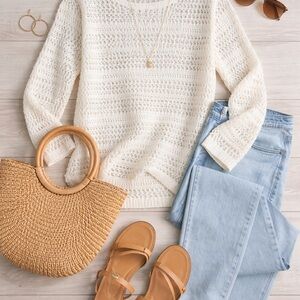 Dressbarn Cream Open Knit Sweater 1X Lightweight Crochet Long Sleeve